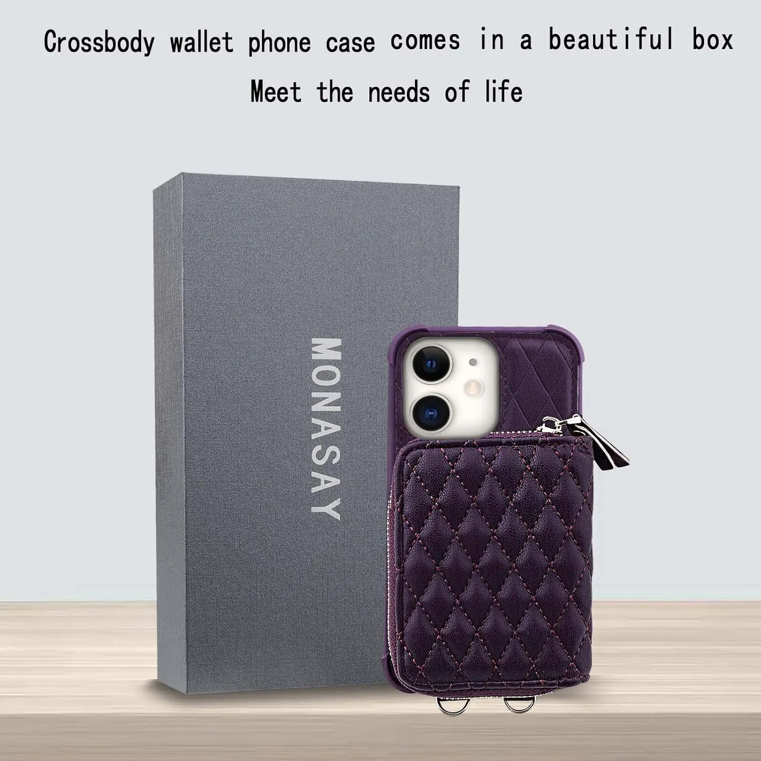 MONASAY Zipper Wallet Case Fit for iPhone 12 Pro/iPhone 12,[Glass Screen Protector ][RFID Blocking] Flip Leather Handbag Phone Cover with Card Holder and Crossbody Lanyard Strap, Purple