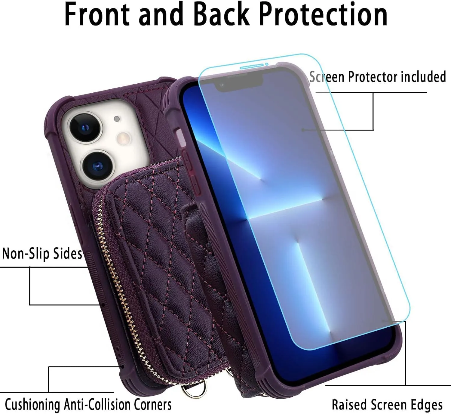 MONASAY Zipper Wallet Case Fit for iPhone 12 Pro/iPhone 12,[Glass Screen Protector ][RFID Blocking] Flip Leather Handbag Phone Cover with Card Holder and Crossbody Lanyard Strap, Purple