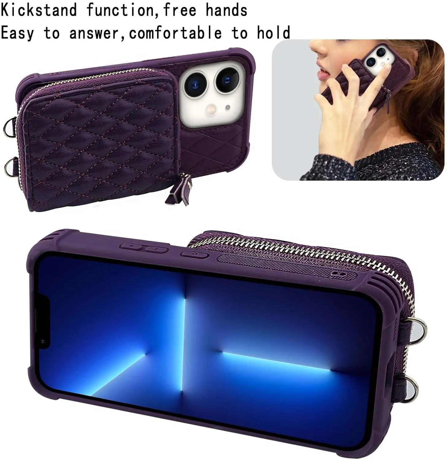 MONASAY Zipper Wallet Case Fit for iPhone 12 Pro/iPhone 12,[Glass Screen Protector ][RFID Blocking] Flip Leather Handbag Phone Cover with Card Holder and Crossbody Lanyard Strap, Purple