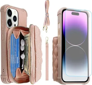 MONASAY Zipper Wallet Case Fit for iPhone 14 Pro Max, 6.7in [Glass Screen Protector ][RFID Blocking] Flip Leather Handbag Phone Cover with Card Holder and Crossbody Lanyard Strap, Rosegold