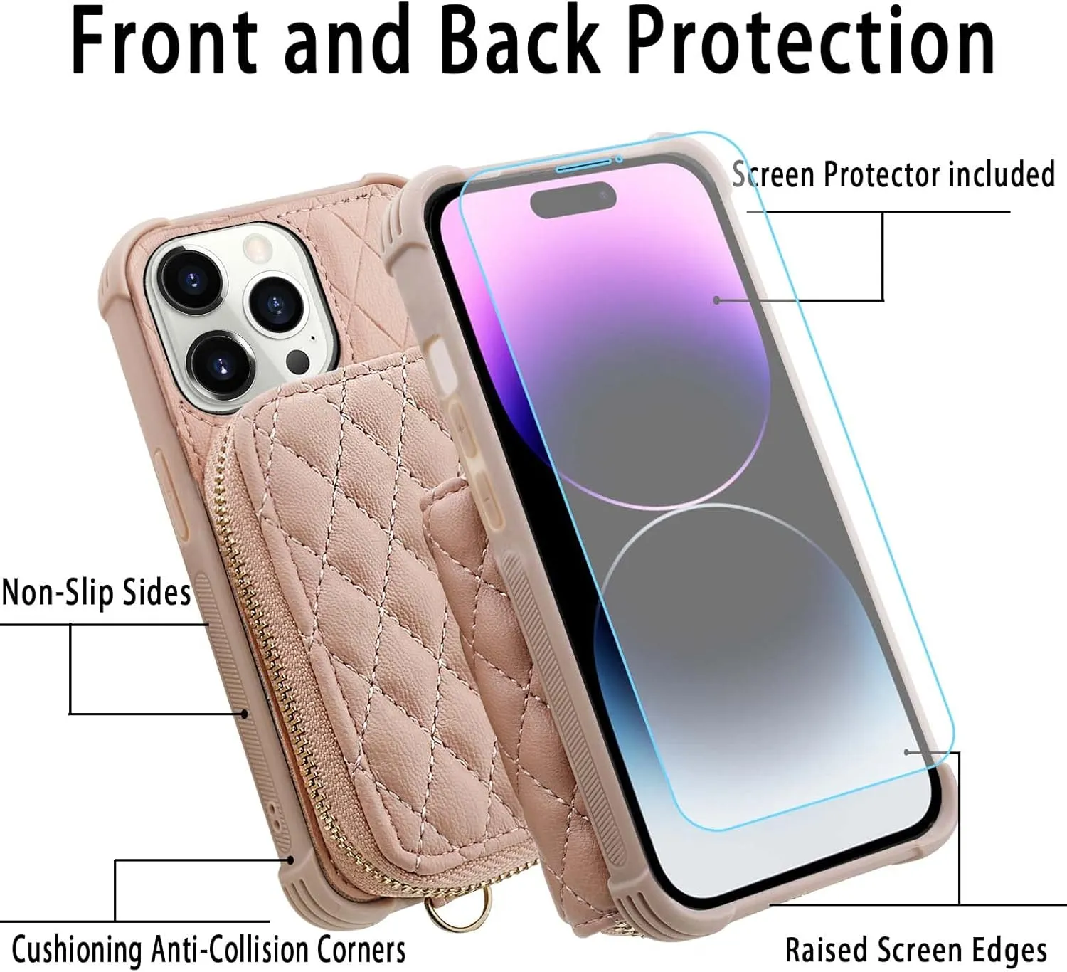 MONASAY Zipper Wallet Case Fit for iPhone 14 Pro Max, 6.7in [Glass Screen Protector ][RFID Blocking] Flip Leather Handbag Phone Cover with Card Holder and Crossbody Lanyard Strap, Rosegold