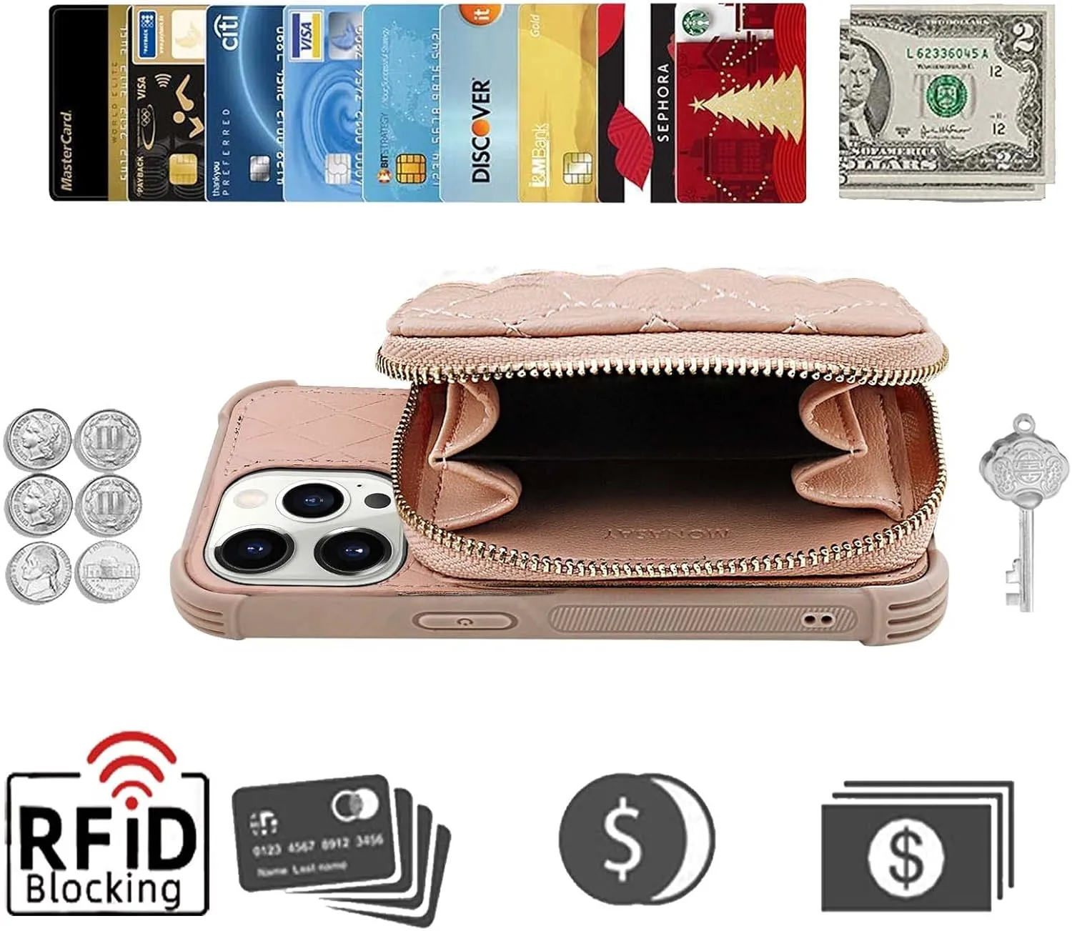 MONASAY Zipper Wallet Case Fit for iPhone 14 Pro Max, 6.7in [Glass Screen Protector ][RFID Blocking] Flip Leather Handbag Phone Cover with Card Holder and Crossbody Lanyard Strap, Rosegold