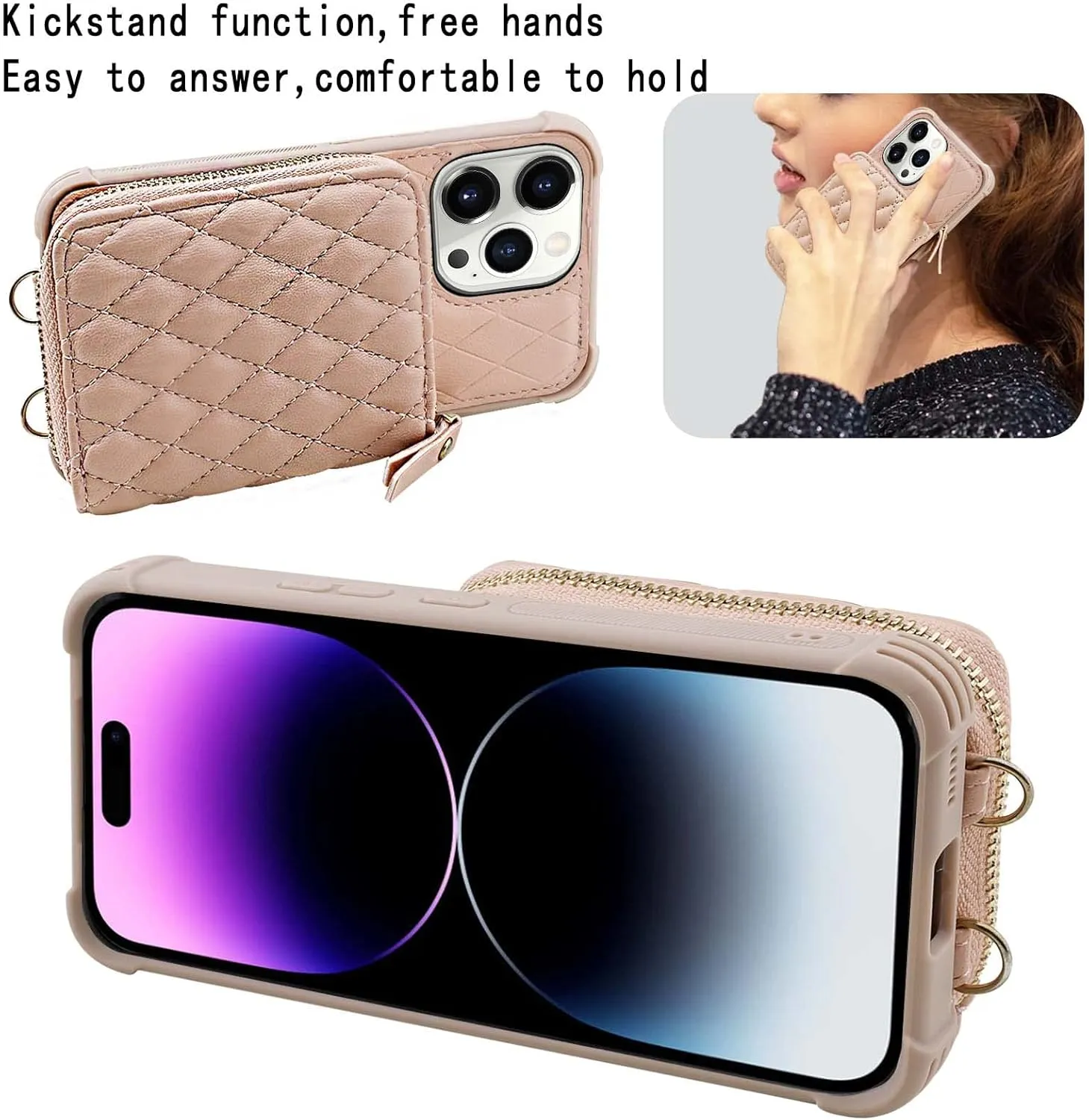 MONASAY Zipper Wallet Case Fit for iPhone 14 Pro Max, 6.7in [Glass Screen Protector ][RFID Blocking] Flip Leather Handbag Phone Cover with Card Holder and Crossbody Lanyard Strap, Rosegold