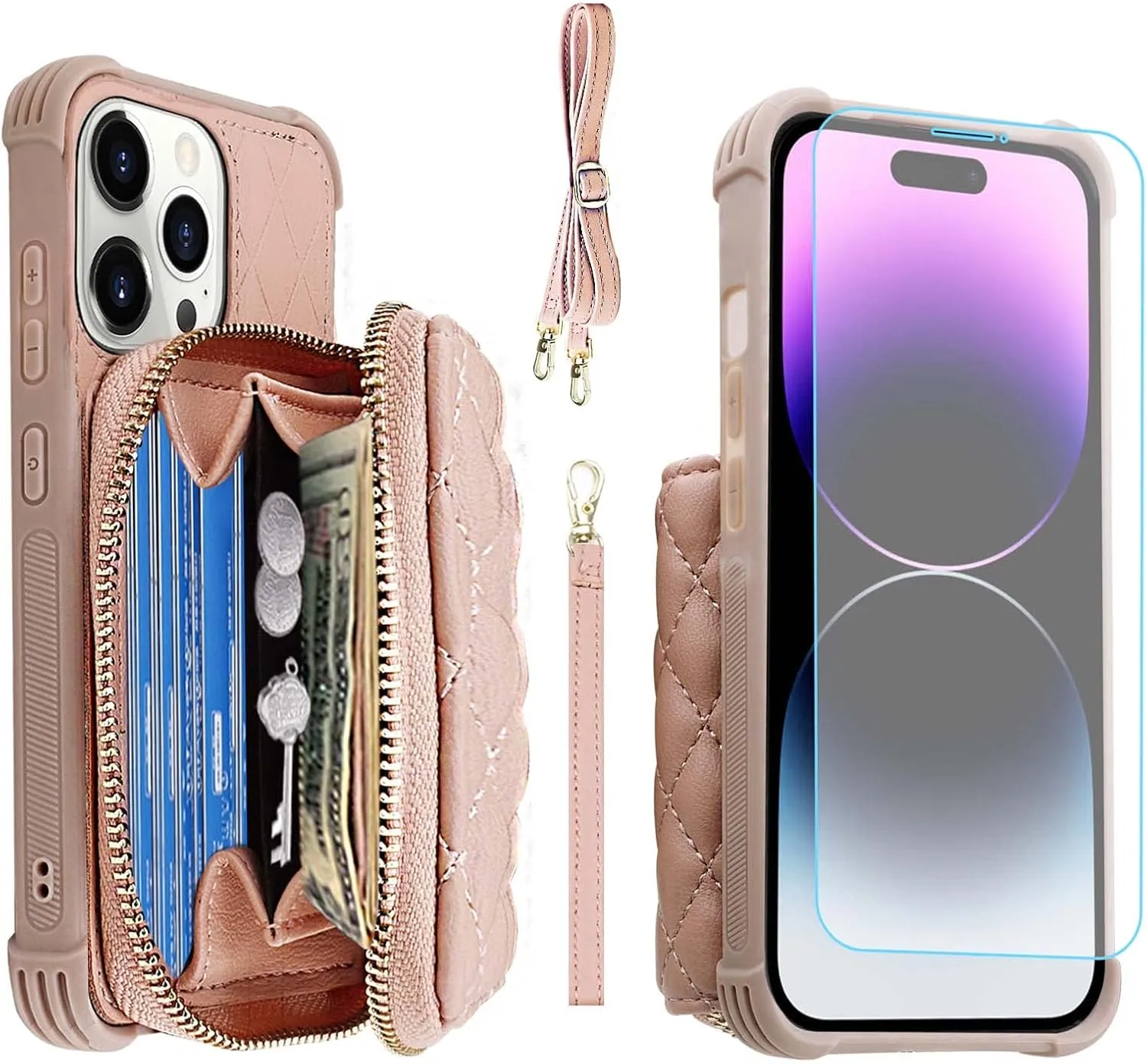 MONASAY Zipper Wallet Case Fit for iPhone 14 Pro Max, 6.7in [Glass Screen Protector ][RFID Blocking] Flip Leather Handbag Phone Cover with Card Holder and Crossbody Lanyard Strap, Rosegold