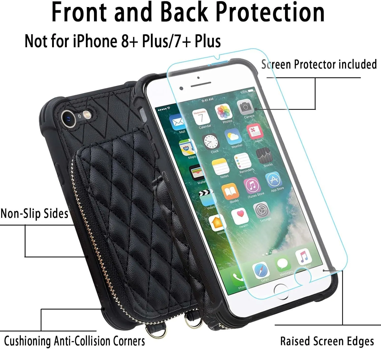 MONASAY Zipper Wallet Case Fit for iPhone SE 2022/2020/8/7, [Glass Screen Protector ][RFID Blocking] Flip Leather Handbag Phone Cover with Card Holder & Crossbody Lanyard Strap, Black