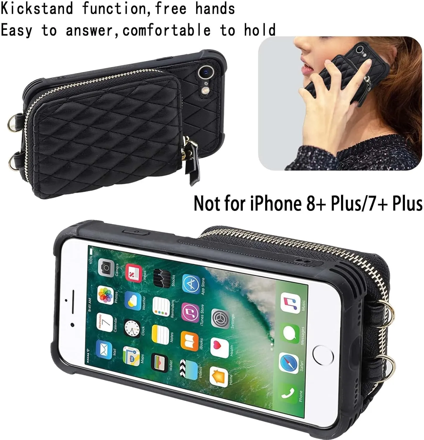 MONASAY Zipper Wallet Case Fit for iPhone SE 2022/2020/8/7, [Glass Screen Protector ][RFID Blocking] Flip Leather Handbag Phone Cover with Card Holder & Crossbody Lanyard Strap, Black