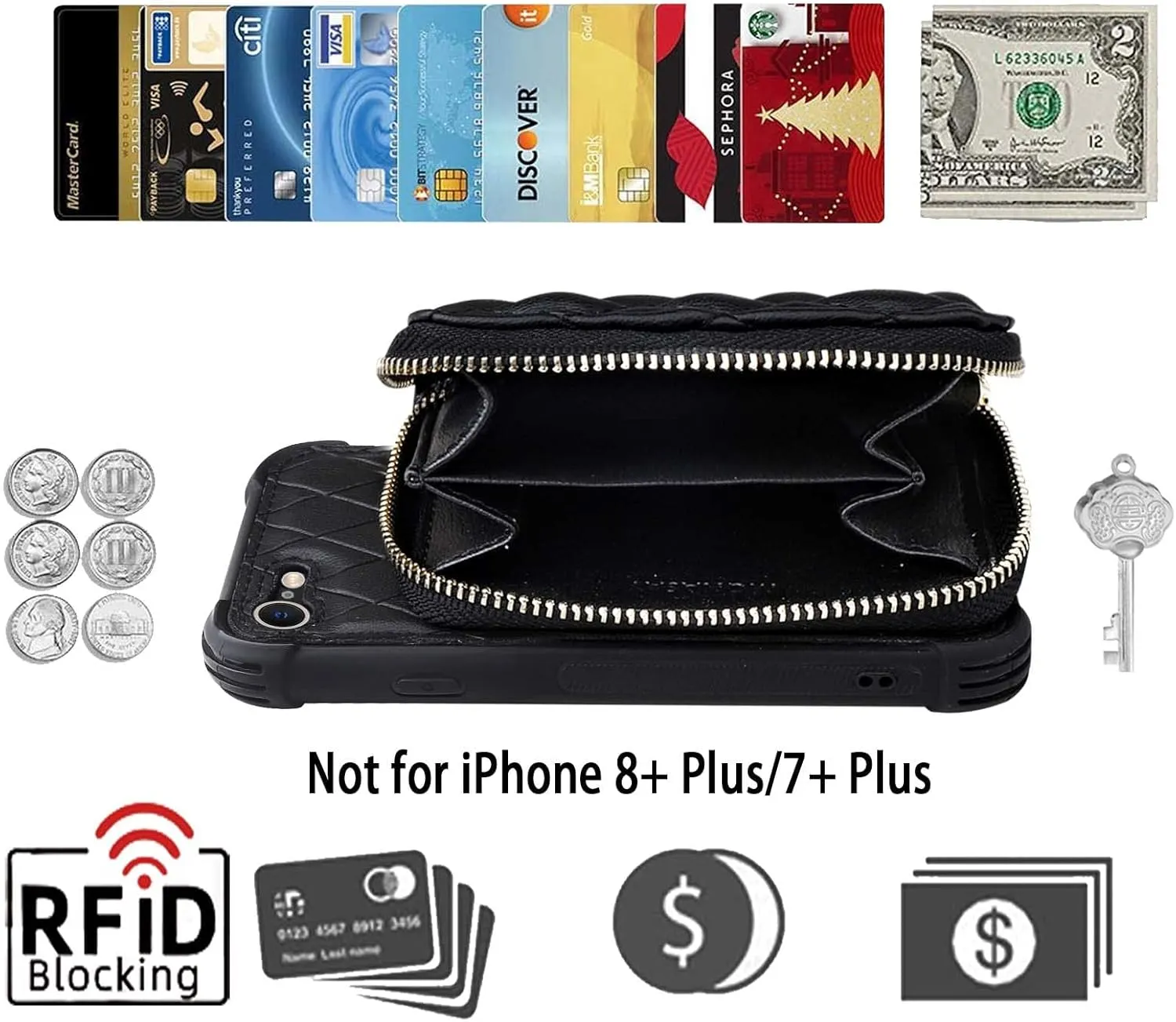 MONASAY Zipper Wallet Case Fit for iPhone SE 2022/2020/8/7, [Glass Screen Protector ][RFID Blocking] Flip Leather Handbag Phone Cover with Card Holder & Crossbody Lanyard Strap, Black