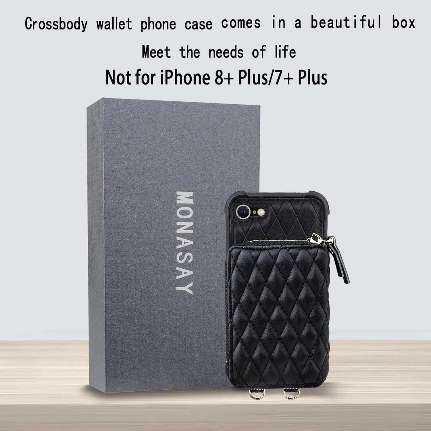 MONASAY Zipper Wallet Case Fit for iPhone SE 2022/2020/8/7, [Glass Screen Protector ][RFID Blocking] Flip Leather Handbag Phone Cover with Card Holder & Crossbody Lanyard Strap, Black