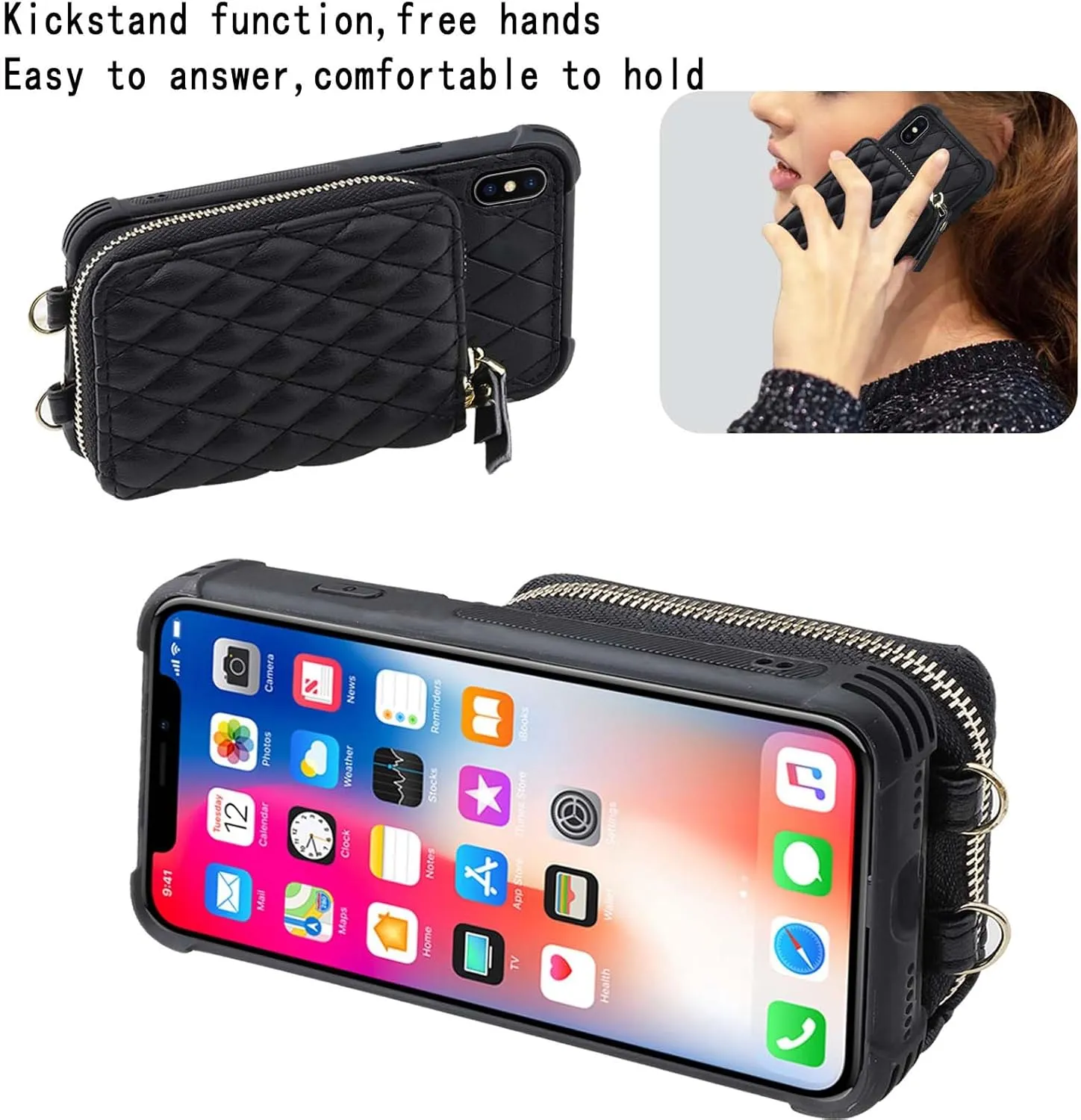MONASAY Zipper Wallet Case Fit for iPhone X/XS,[Glass Screen Protector ][RFID Blocking] Flip Leather Handbag Phone Cover with Card Holder and Detachable Crossbody Shoulder Lanyard Strap, Black