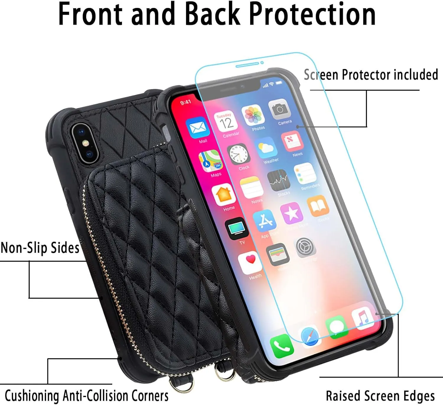 MONASAY Zipper Wallet Case Fit for iPhone X/XS,[Glass Screen Protector ][RFID Blocking] Flip Leather Handbag Phone Cover with Card Holder and Detachable Crossbody Shoulder Lanyard Strap, Black