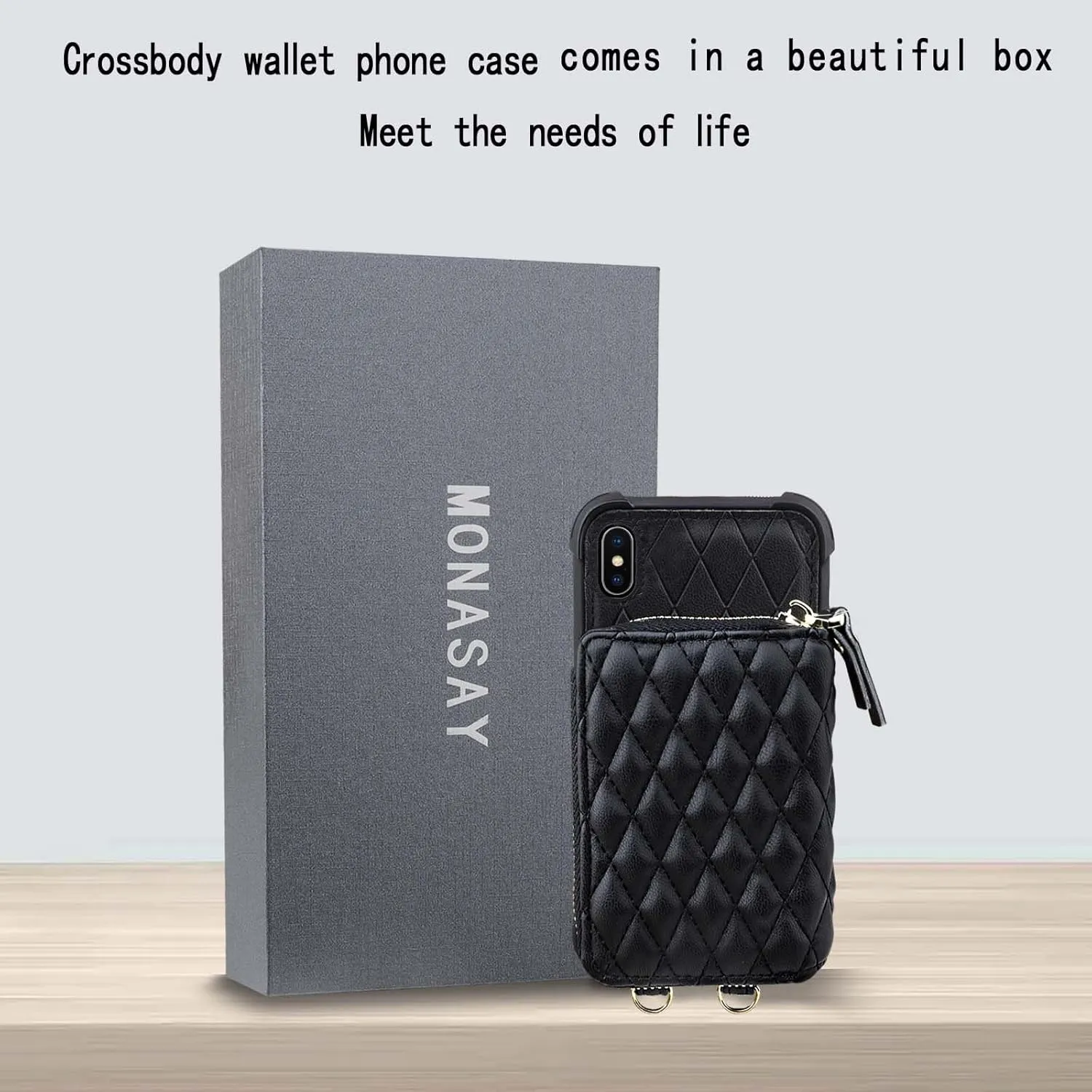 MONASAY Zipper Wallet Case Fit for iPhone X/XS,[Glass Screen Protector ][RFID Blocking] Flip Leather Handbag Phone Cover with Card Holder and Detachable Crossbody Shoulder Lanyard Strap, Black