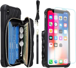 MONASAY Zipper Wallet Case Fit for iPhone X/XS,[Glass Screen Protector ][RFID Blocking] Flip Leather Handbag Phone Cover with Card Holder and Detachable Crossbody Shoulder Lanyard Strap, Black