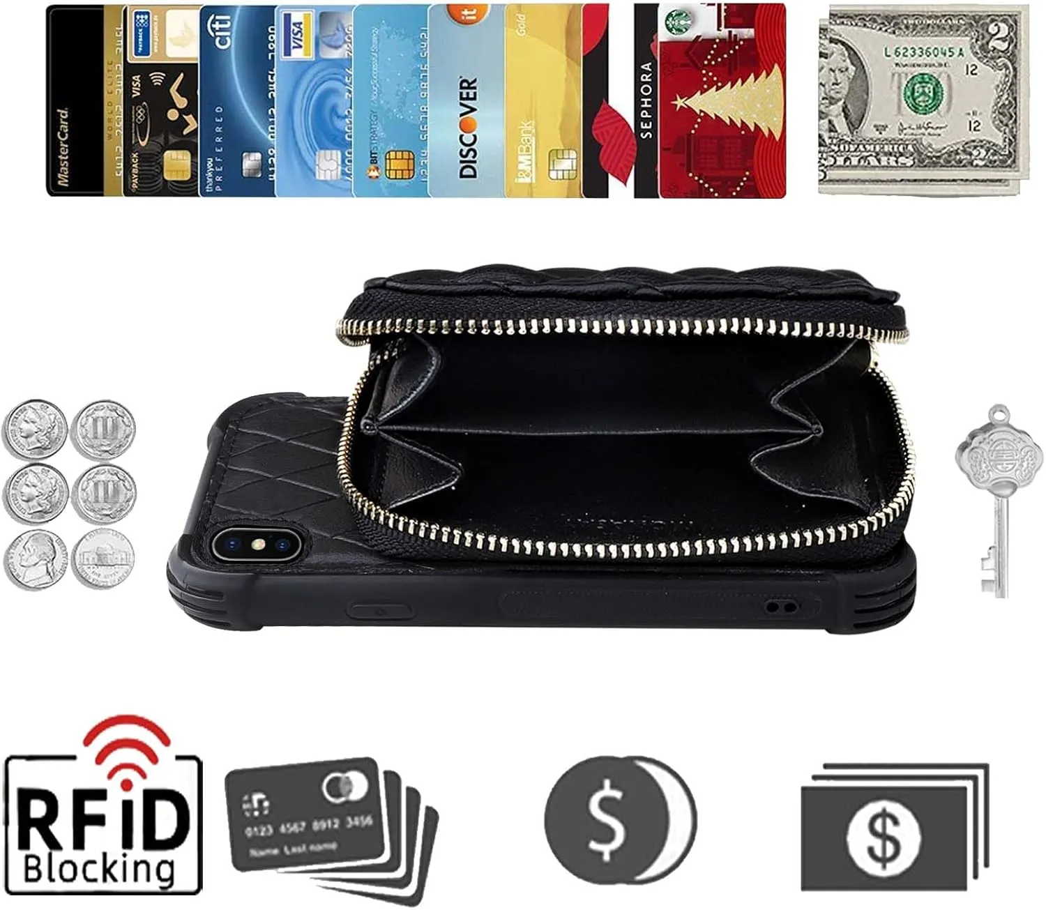 MONASAY Zipper Wallet Case Fit for iPhone X/XS,[Glass Screen Protector ][RFID Blocking] Flip Leather Handbag Phone Cover with Card Holder and Detachable Crossbody Shoulder Lanyard Strap, Black