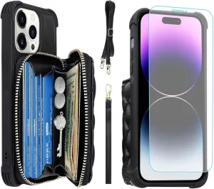 MONASAY Zipper Wallet Case for iPhone 14 Pro, 6.1in [Glass Screen Protector ][RFID Blocking] Flip Leather Handbag Phone Cover with Card Holder&Detachable Crossbody Lanyard Strap, Black