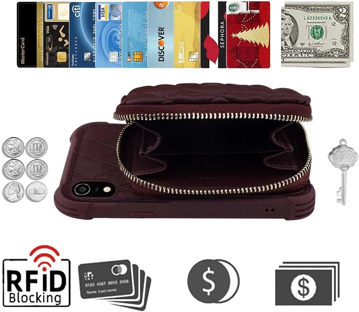 MONASAY Zipper Wallet Case for iPhone XR,[Glass Screen Protector ][RFID Blocking] Flip Leather Handbag Phone Cover with Card Holder and Detachable Crossbody Shoulder Lanyard Strap, Burgundy