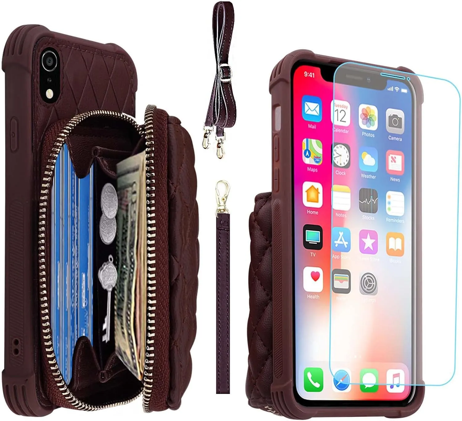 MONASAY Zipper Wallet Case for iPhone XR,[Glass Screen Protector ][RFID Blocking] Flip Leather Handbag Phone Cover with Card Holder and Detachable Crossbody Shoulder Lanyard Strap, Burgundy