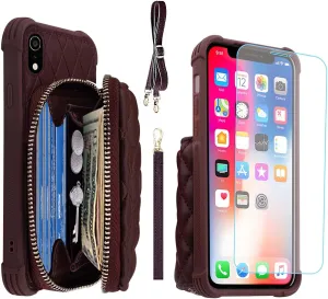 MONASAY Zipper Wallet Case for iPhone XR,[Glass Screen Protector ][RFID Blocking] Flip Leather Handbag Phone Cover with Card Holder and Detachable Crossbody Shoulder Lanyard Strap, Burgundy