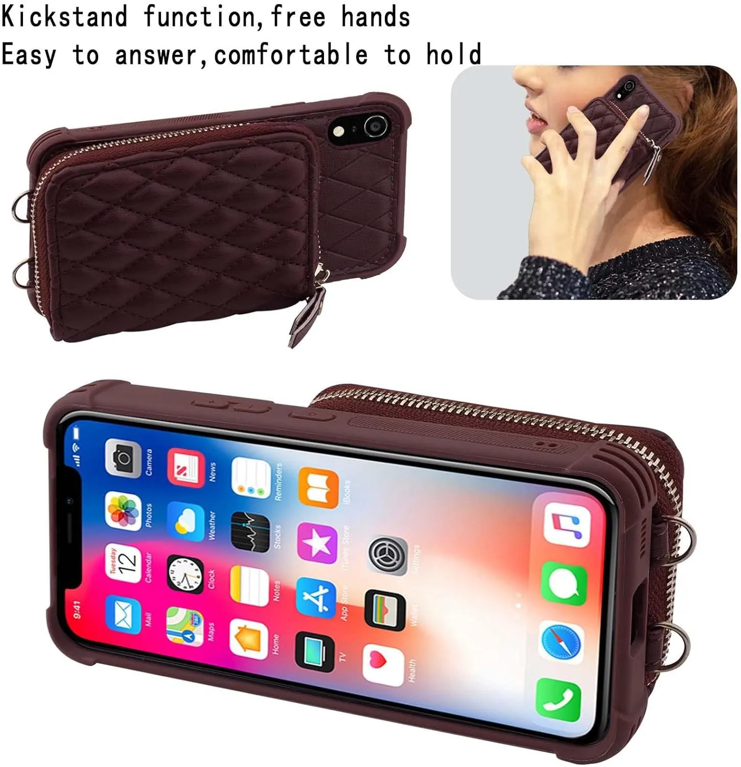 MONASAY Zipper Wallet Case for iPhone XR,[Glass Screen Protector ][RFID Blocking] Flip Leather Handbag Phone Cover with Card Holder and Detachable Crossbody Shoulder Lanyard Strap, Burgundy
