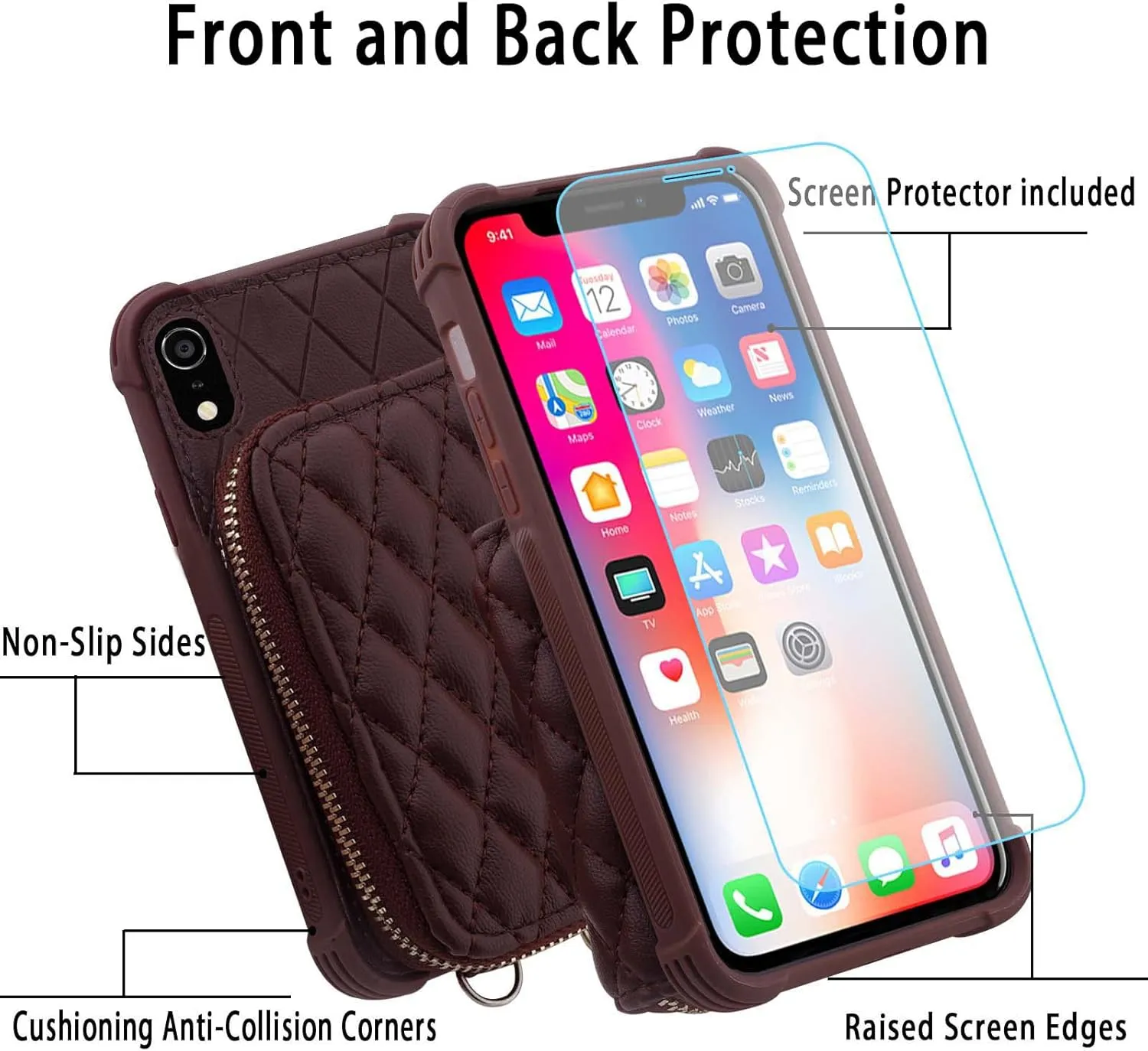 MONASAY Zipper Wallet Case for iPhone XR,[Glass Screen Protector ][RFID Blocking] Flip Leather Handbag Phone Cover with Card Holder and Detachable Crossbody Shoulder Lanyard Strap, Burgundy