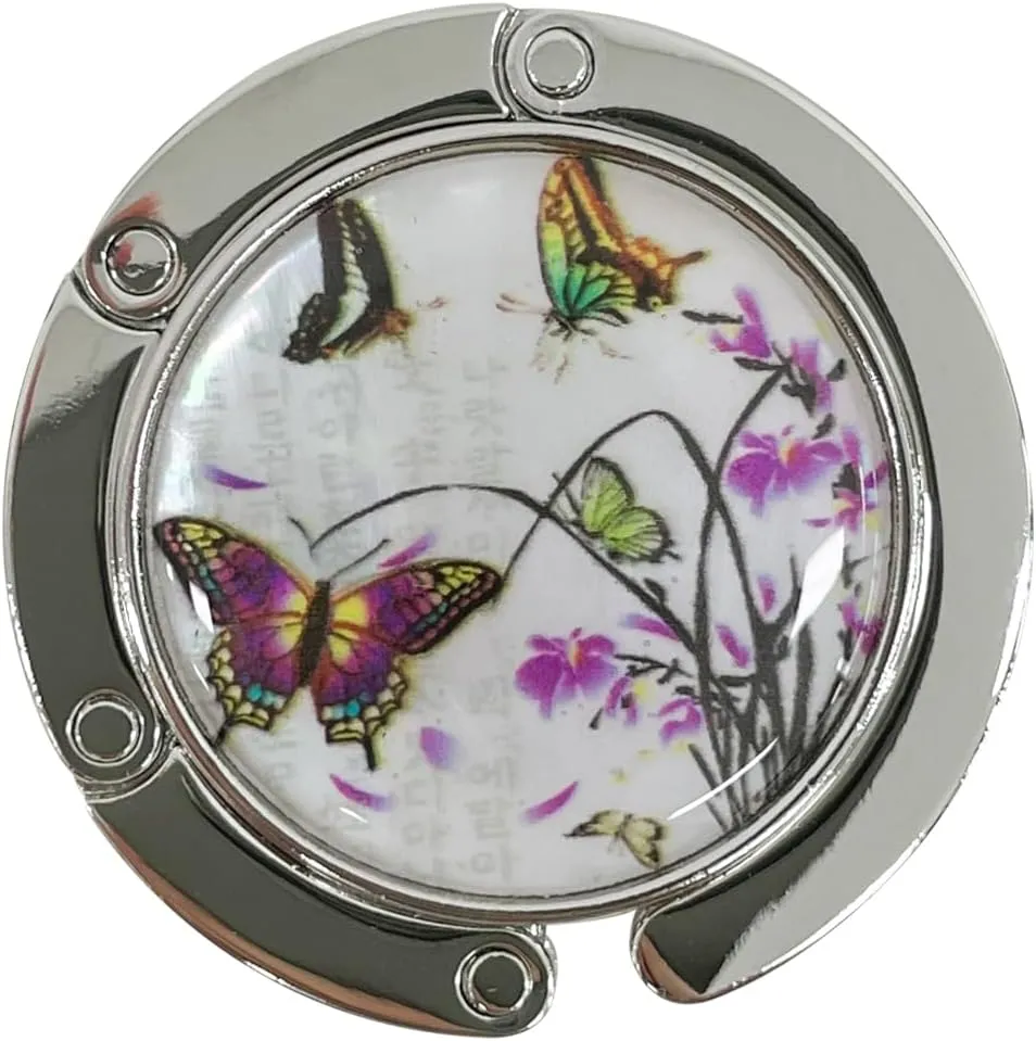 Mother of Pearl Purse Hook Magnet Clip Table Handbag Hanger Foldable Table Holder (Purple Butterfly)