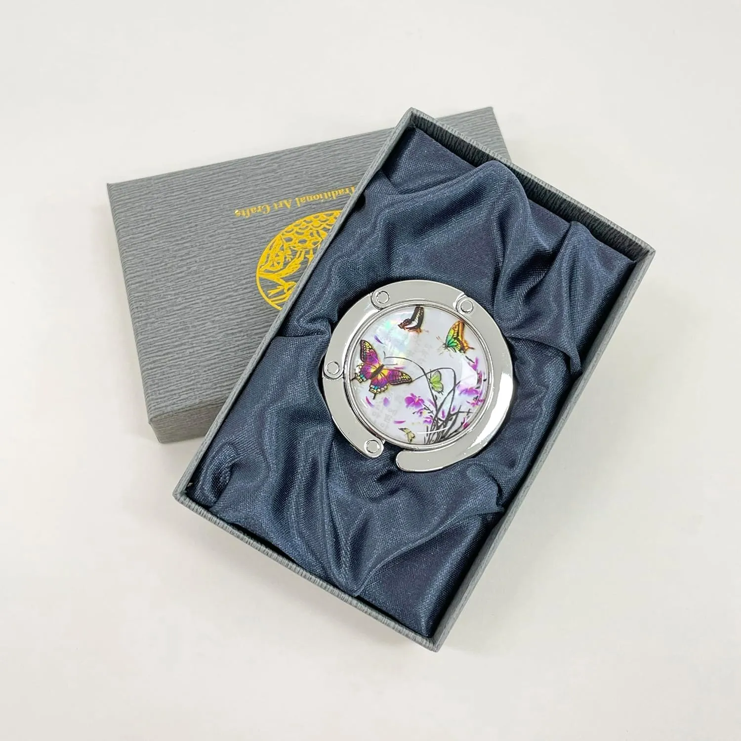 Mother of Pearl Purse Hook Magnet Clip Table Handbag Hanger Foldable Table Holder (Purple Butterfly)