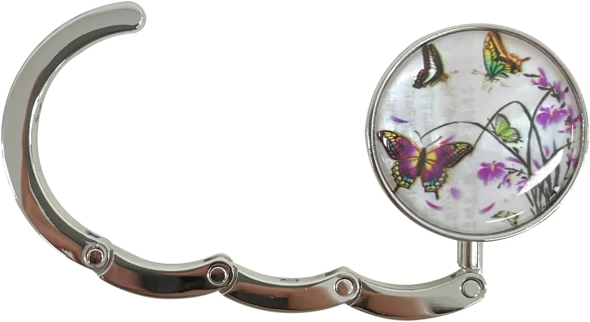 Mother of Pearl Purse Hook Magnet Clip Table Handbag Hanger Foldable Table Holder (Purple Butterfly)