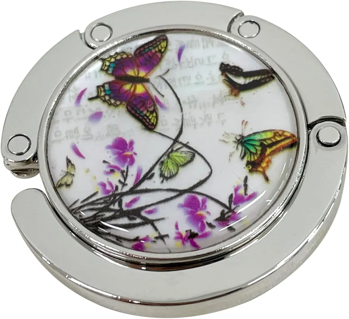 Mother of Pearl Purse Hook Magnet Clip Table Handbag Hanger Foldable Table Holder (Purple Butterfly)