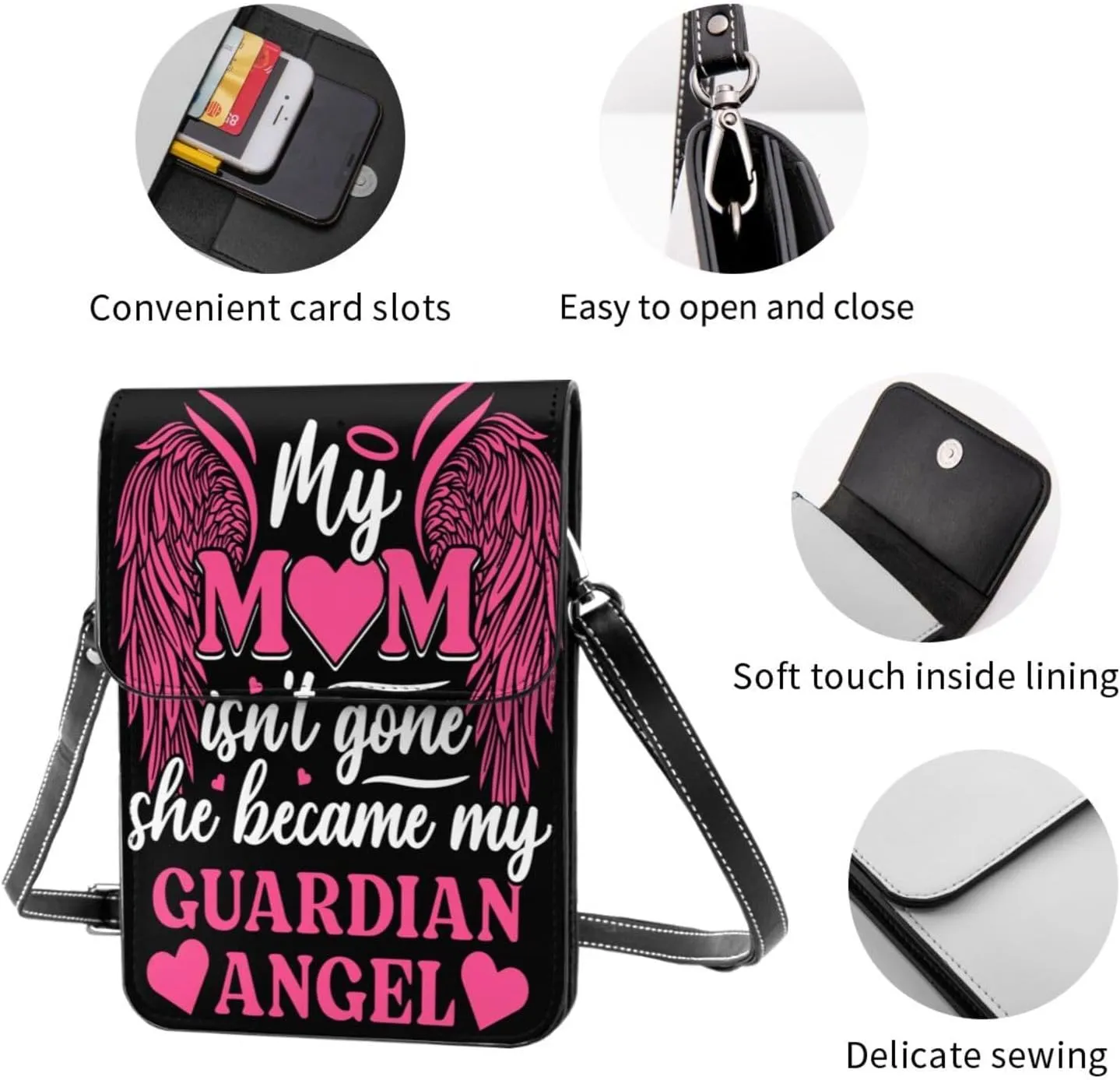 Mother's Day Floral Hearts Leather Crossbody Cell Phone Purse Small Wallet Bags Adjustable Phone Bag for Women
