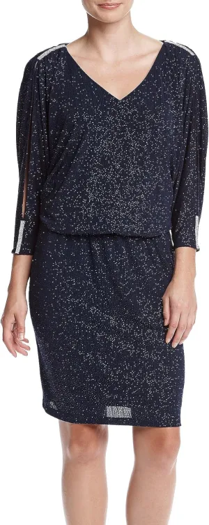 MSK Women's Sparkle Knit V Neck Cold Shoulder Blouson Dress