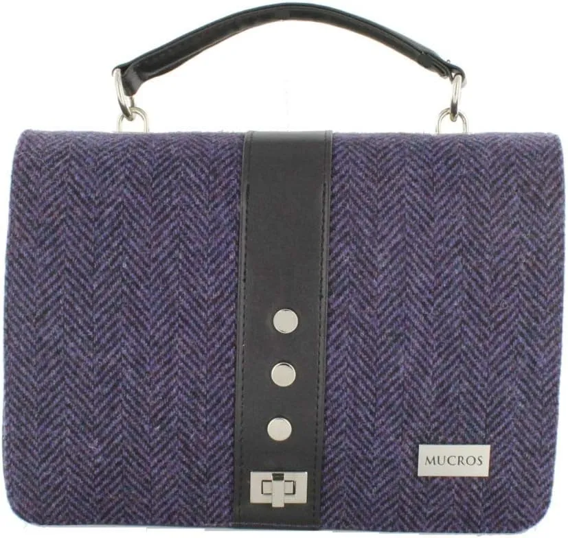 Mucros Weavers Ladies Handbag - Fiona Style - Wool & PU Leather - Made in Ireland (Purple Herringbone)