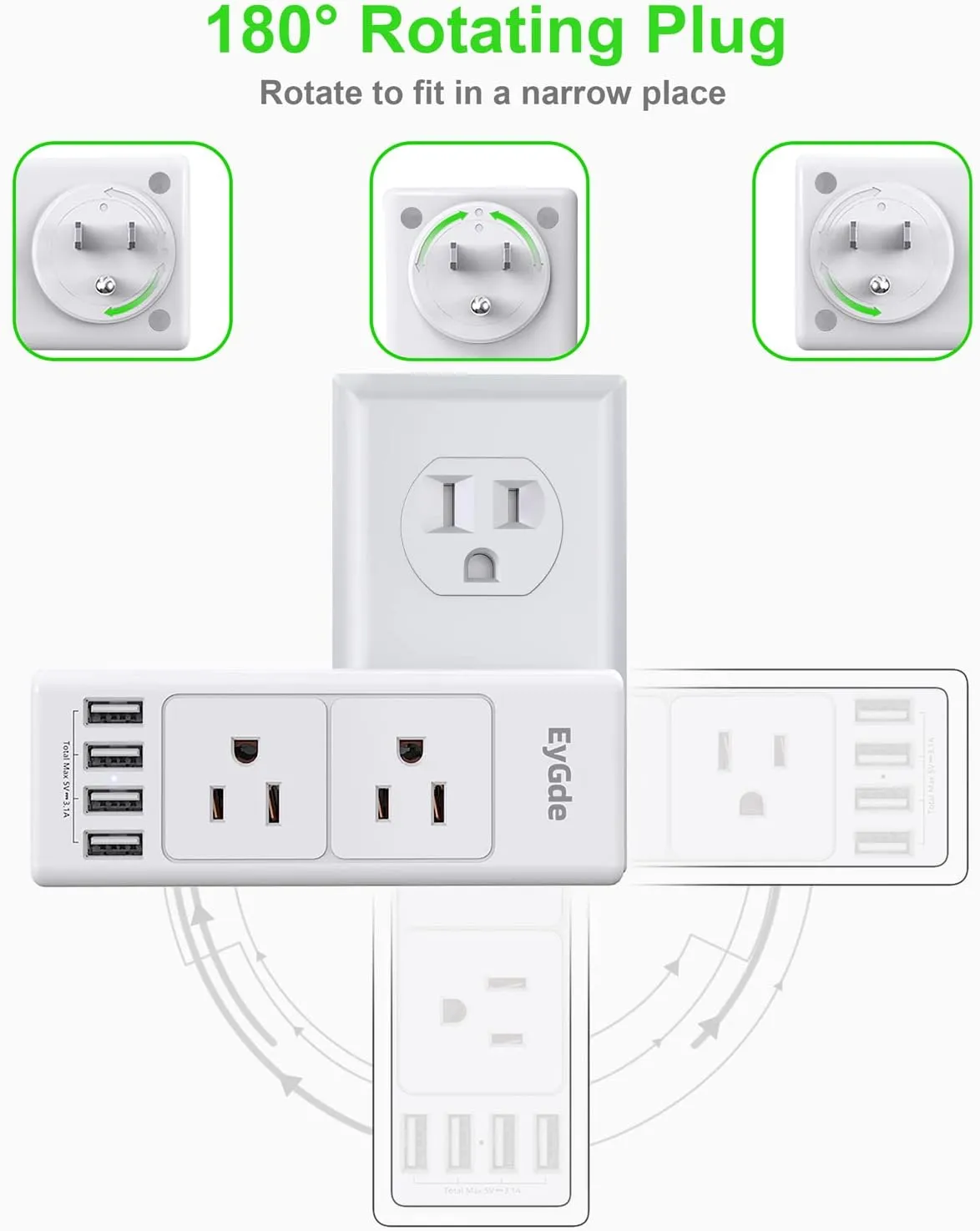 Multi Plug Outlet Extender, EyGde Outlet Splitter with Rotating Plug, 6 Wall Outlet Widely Space (3 Sided) and 4 USB Ports, Wall Adapter Power Strip Surge Protector (1700J) for Travel, Office, White