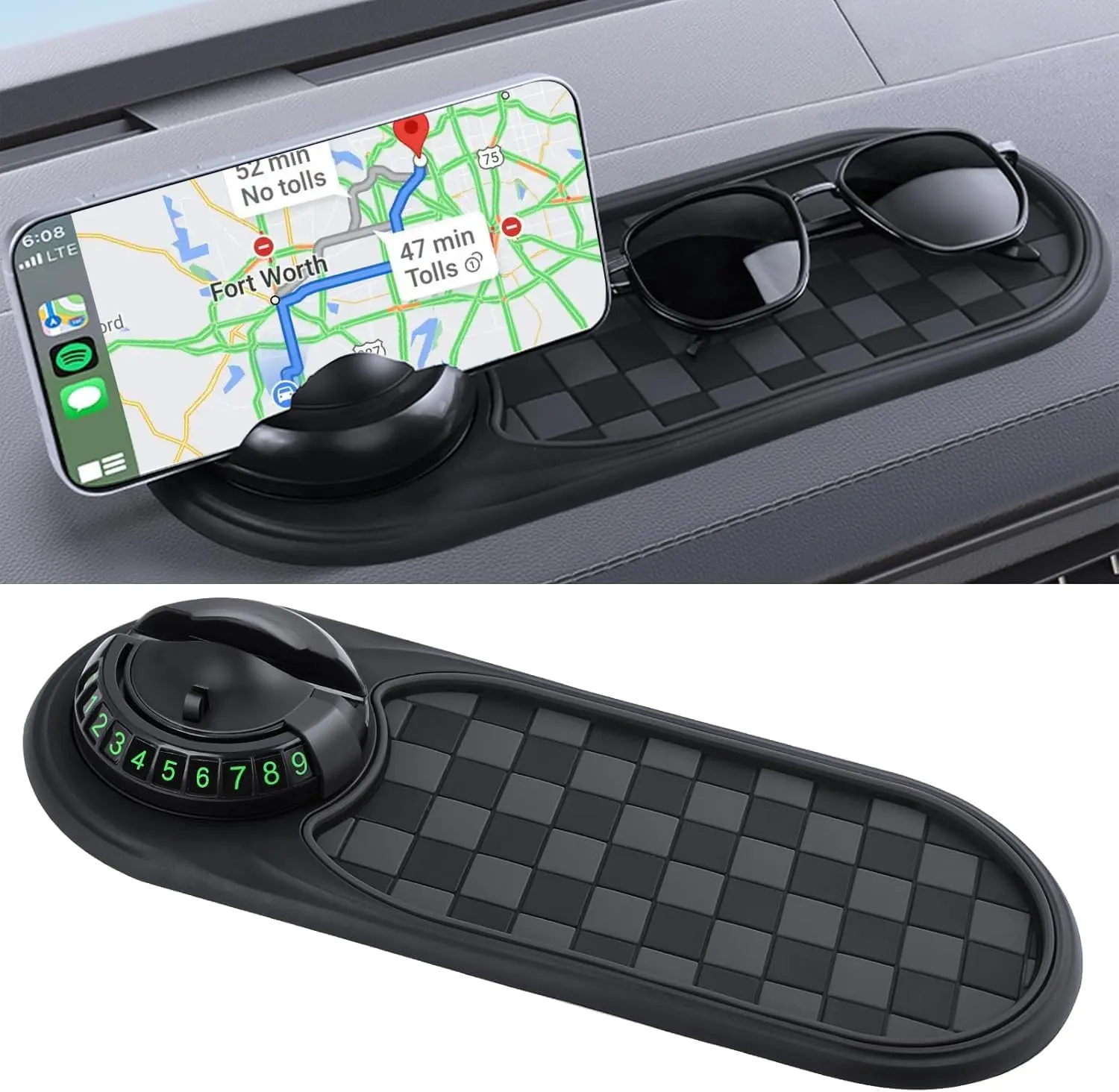 Multifunction Car Anti-Slip Mat, Rotatable Anti Skid Car Dashboard Mat, Universal Car Phone Holder with Temporary Parking Numbe for Phones, Sunglasses, Keys, Gadgets (Grey)