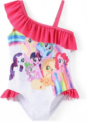 My Little Pony One Piece Swimsuit Pony Print Off-Shoulder Ruffle Summer Swimwear Beach Pool Kids one‑Piece Pink 2‑9 Years