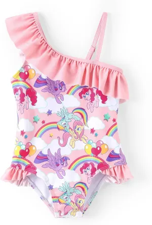 My Little Pony One Piece Swimsuit Pony Print Off-Shoulder Ruffle Summer Swimwear Beach Pool Kids one‑Piece Pink 2‑9 Years
