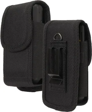 Nakedcellphone Pouch for CAT S22 Flip Phone, Sonim XP3 Plus 4G (XP3900) Case, Black Rugged Canvas Vertical Holster Holder Metal Clip and Secure Belt Thread Loop Harness - Quiet Magnetic Closure