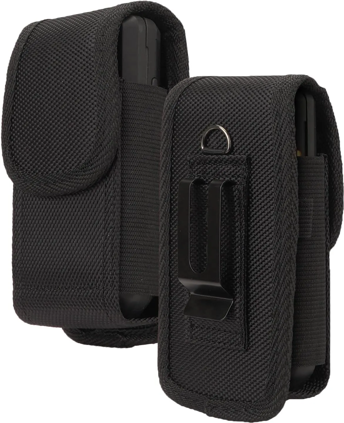 Nakedcellphone Pouch for CAT S22 Flip Phone, Sonim XP3 Plus 4G (XP3900) Case, Black Rugged Canvas Vertical Holster Holder Metal Clip and Secure Belt Thread Loop Harness - Quiet Magnetic Closure