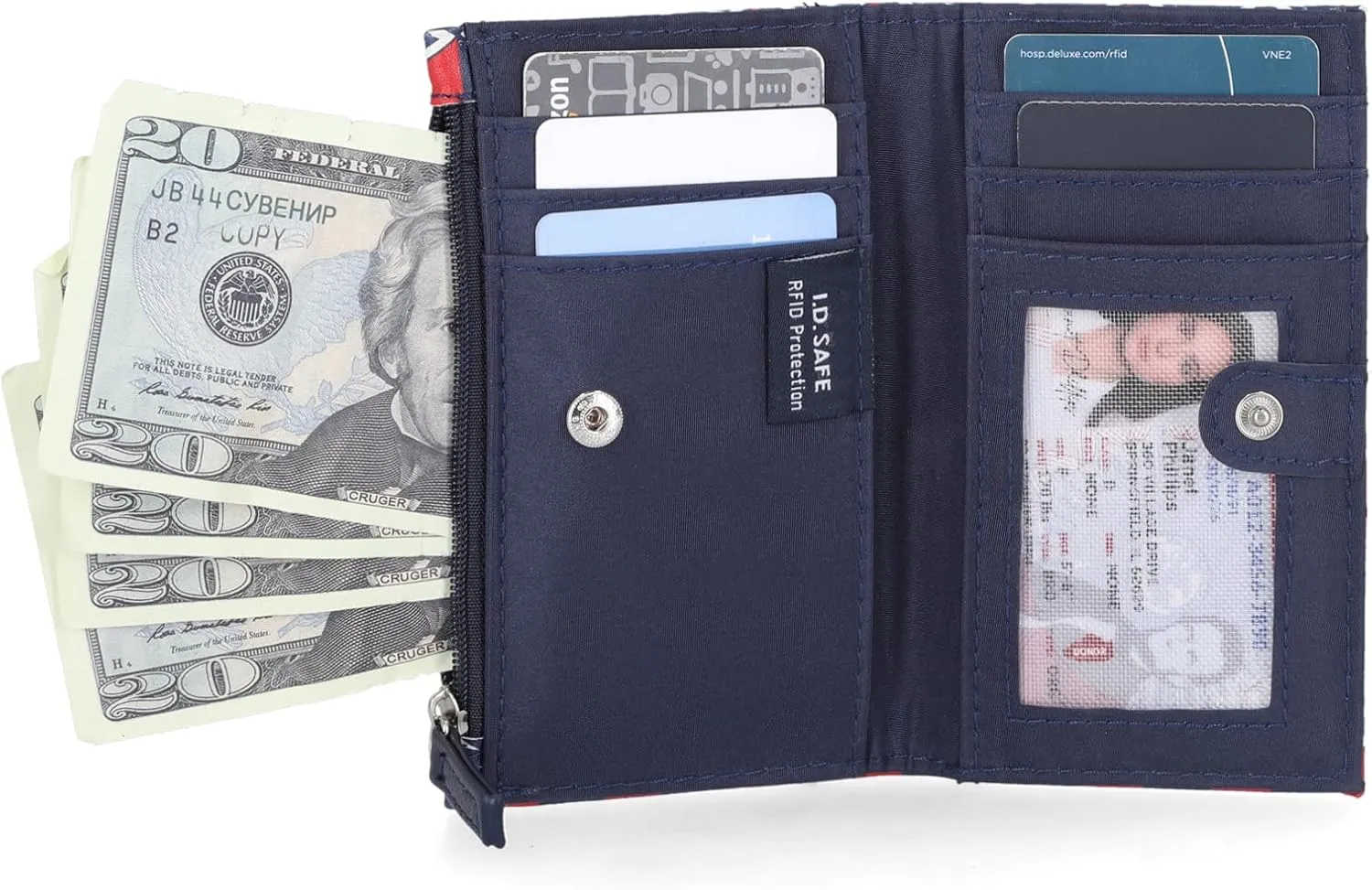 Nautica High Tide Small Wallet for Women, RFID Blocking Slim Credit Card Holder with Zipper Coin Pocket, Bifold Compact Wallet with ID Window, Americana