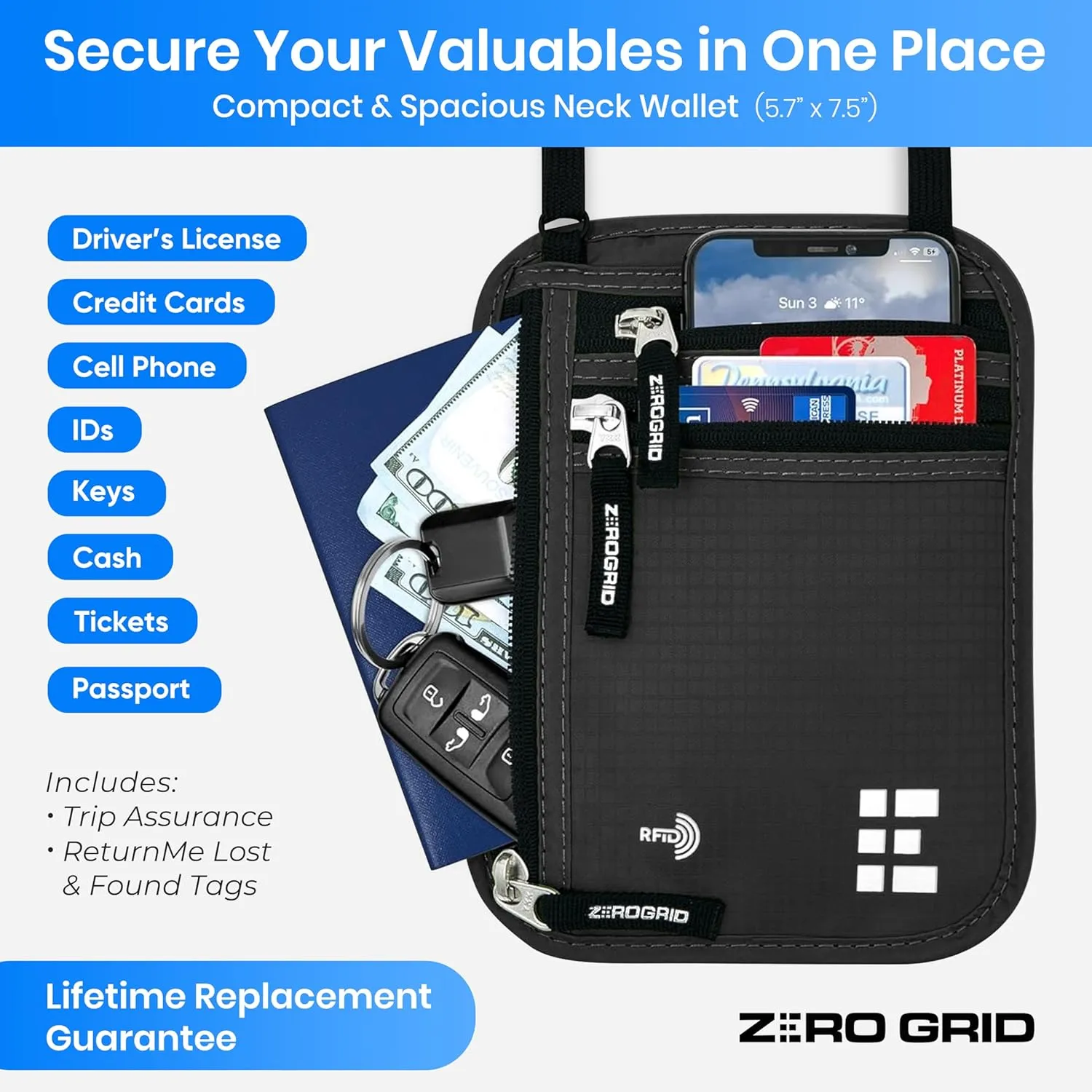 Neck Wallet for Travel & Passport Holder with RFID Blocking - Slim & Easy to Conceal Nylon Travel Pouch for men & women - Holds Phone, Cash, Cards, Keys - Sweat & Water Resistant - Large - Dark Grey