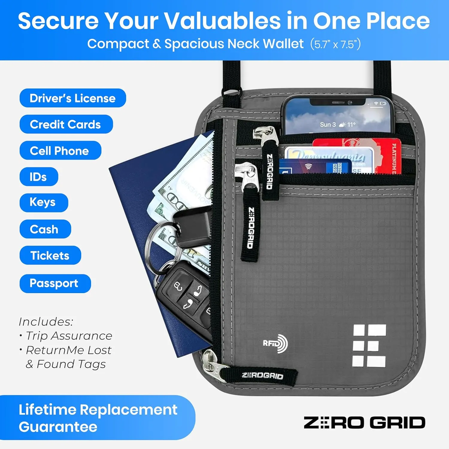Neck Wallet for Travel & Passport Holder with RFID Blocking - Slim & Easy to Conceal Nylon Travel Pouch for men & women - Holds Phone, Cash, Cards, Keys - Sweat & Water Resistant - Large - Light Grey