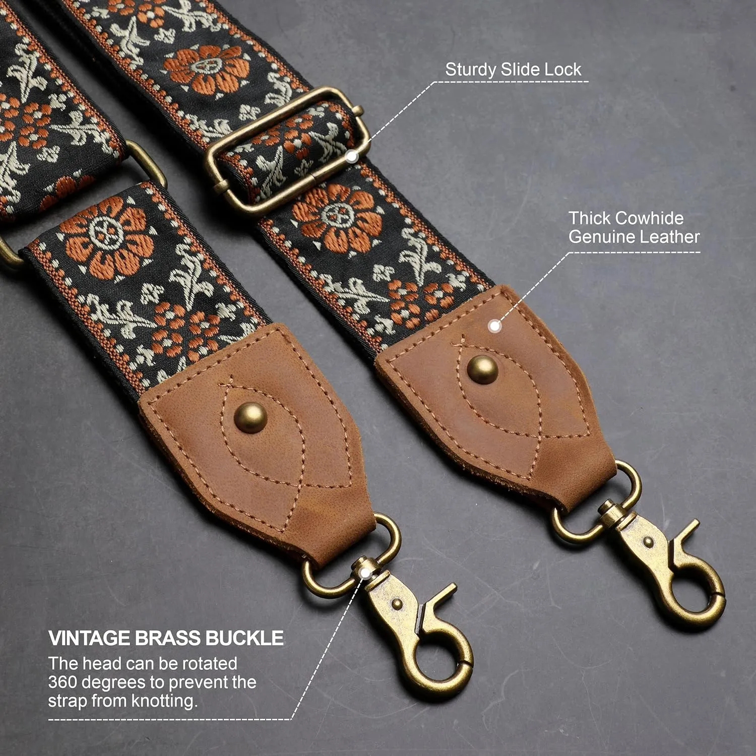 Nefelibata Purse Strap, 2" Crazy Horse Leather End Shoulder Strap Adjustable Replacement,Retro Jacquard Embroidery Multi-pattern Crossbody Bag Straps for Handbag,Crossbody Bags(Brown flower)