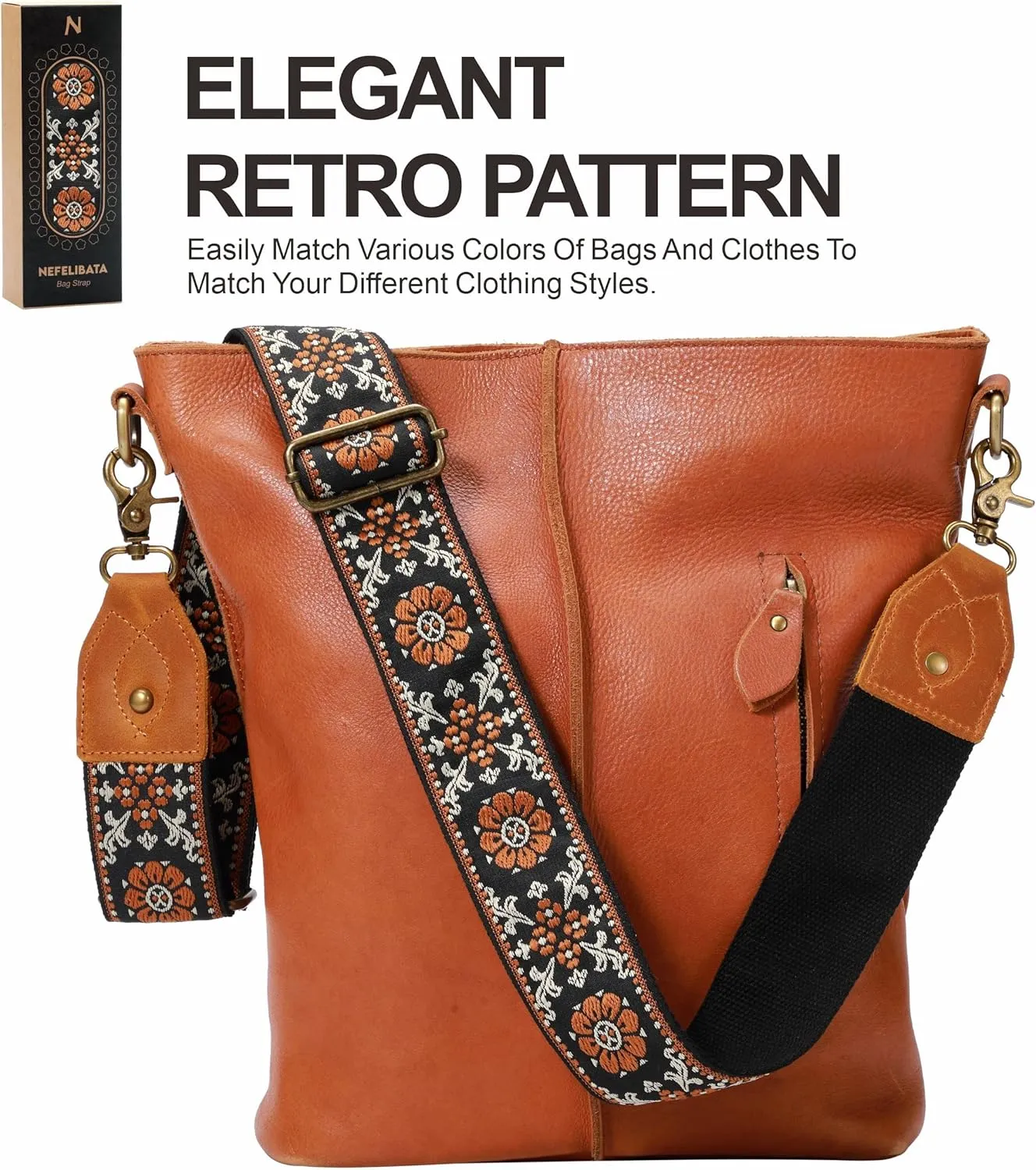 Nefelibata Purse Strap, 2" Crazy Horse Leather End Shoulder Strap Adjustable Replacement,Retro Jacquard Embroidery Multi-pattern Crossbody Bag Straps for Handbag,Crossbody Bags(Brown flower)