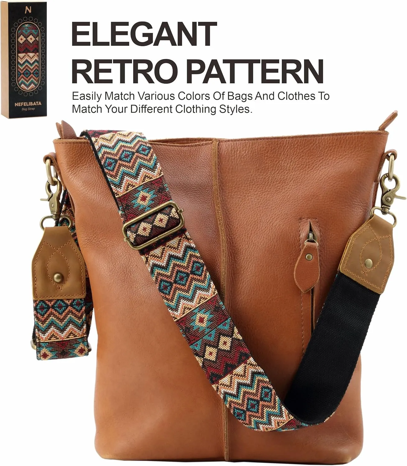 Nefelibata Purse Strap-2" Crazy Horse Leather Wide Shoulder Strap Adjustable Replacement,Retro Jacquard Embroidery Multi-pattern Crossbody Bag Straps for Handbag,Crossbody Bags,、(Ethnic style brown)