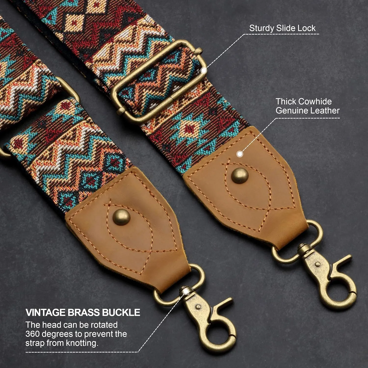 Nefelibata Purse Strap-2" Crazy Horse Leather Wide Shoulder Strap Adjustable Replacement,Retro Jacquard Embroidery Multi-pattern Crossbody Bag Straps for Handbag,Crossbody Bags,、(Ethnic style brown)