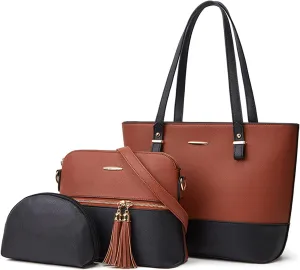 NICOLE & DORIS Women Large Handbags and Purses Contrast Shoulder Bags PU Leather Tote Bags Set Bag 3 in 1 Crossbody Bag
