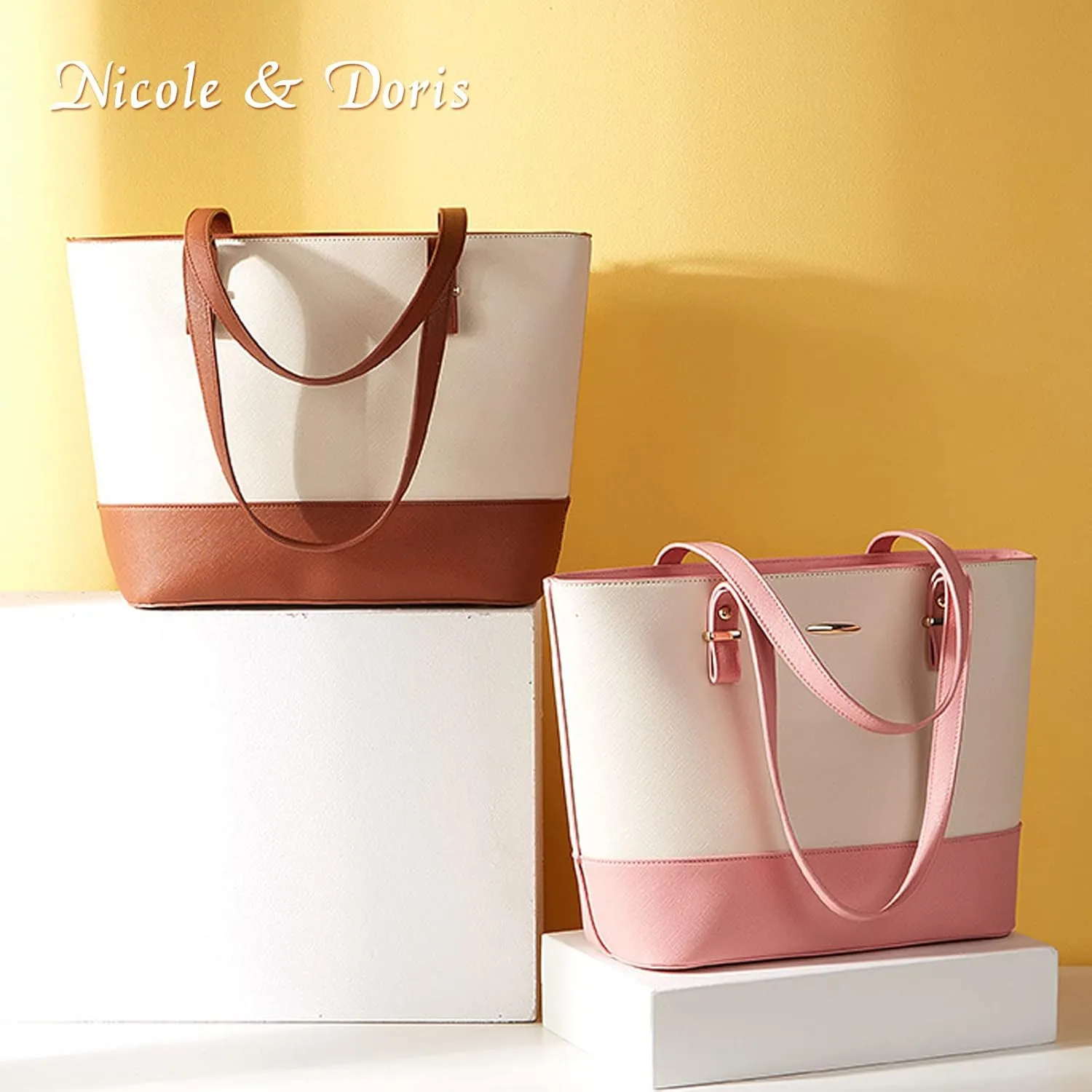 NICOLE & DORIS Women Large Handbags and Purses Contrast Shoulder Bags PU Leather Tote Bags Set Bag 3 in 1 Crossbody Bag