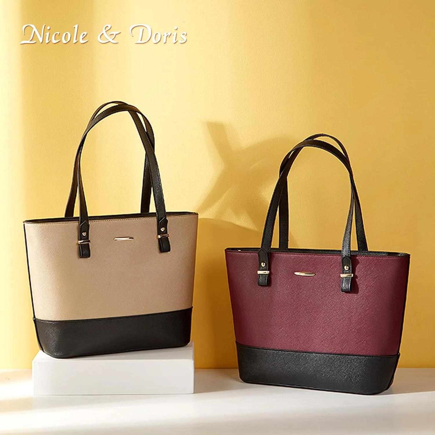 NICOLE & DORIS Women Large Handbags and Purses Contrast Shoulder Bags PU Leather Tote Bags Set Bag 3 in 1 Crossbody Bag