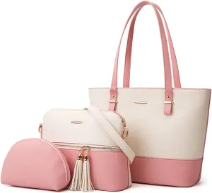 NICOLE & DORIS Women Large Handbags and Purses Contrast Shoulder Bags PU Leather Tote Bags Set Bag 3 in 1 Crossbody Bag