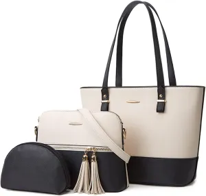 NICOLE & DORIS Women Large Handbags and Purses Contrast Shoulder Bags PU Leather Tote Bags Set Bag 3 in 1 Crossbody Bag