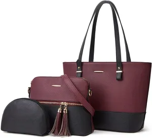 NICOLE & DORIS Women Large Handbags and Purses Contrast Shoulder Bags PU Leather Tote Bags Set Bag 3 in 1 Crossbody Bag