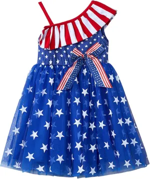 Niyage Toddler Dress Girls 4th of July Independence Baby Stars Stripes American Flag Ruffles One Shoulder Tulle Tutu Sundress